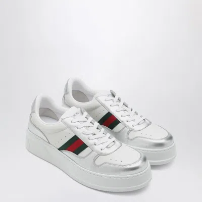 Gucci Low-top Leather Sneakers Featuring Metallic Accents And Rubber Sole In White