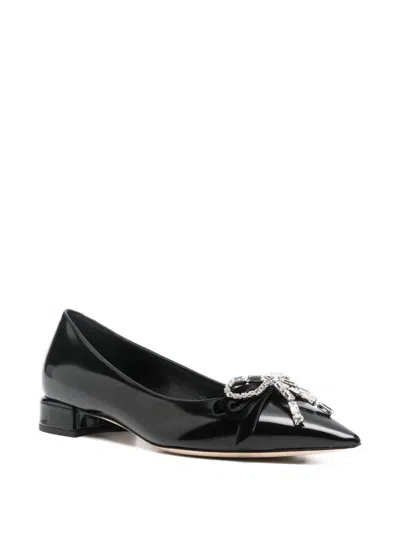 Jimmy Choo Leather Ballet Flats With Bow And Crystals In Black