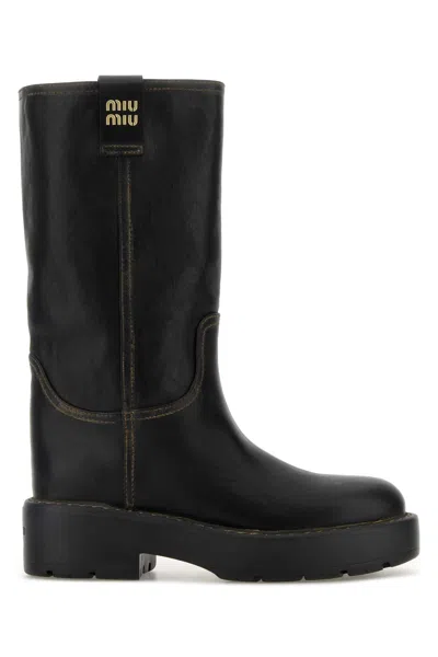 Miu Miu Stylish Leather Boots Featuring Chunky Sole In Blue