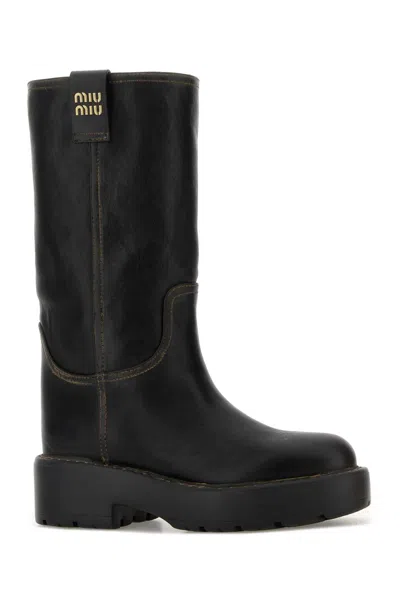 Miu Miu Stylish Leather Boots Featuring Chunky Sole In Blue