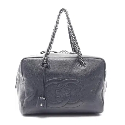 Pre-owned Chanel Coco Mark Leather Handbag Navy In Blue