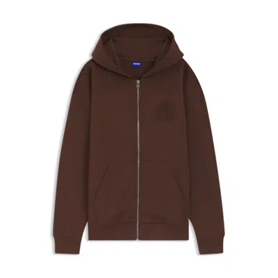 Hugo Boss Embossed-logo Zip-up Hoodie In Cotton Terry In Brown