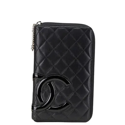 Pre-owned Chanel Cambon Line Lambskin Long Wallet In Black
