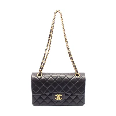 Pre-owned Chanel Lambskin Matelasse W Flap Shoulder Bag In Black