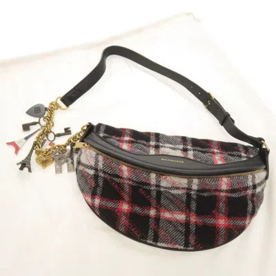 Pre-owned Balenciaga Black Gray Red Color Leather Wool Fanny Pack Sling Bag ()