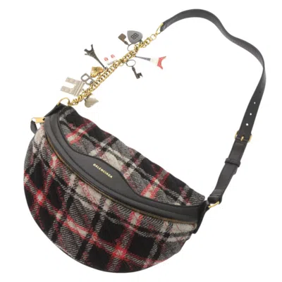 Pre-owned Balenciaga Black Gray Red Color Leather Wool Fanny Pack Sling Bag ()
