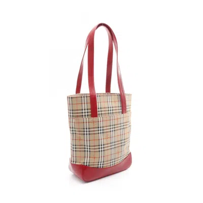 Pre-owned Burberry Beige Multi-color Red Color Canvas Leather Tote Bag ()