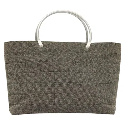 Pre-owned Chanel Vintage Chocolate Bar Metal Ring Tote Quilted Canvas Gray Canvas Handbag ()