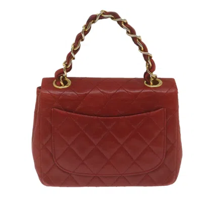 Pre-owned Chanel Vintage Square Chain Handle Flap Bag Quilted Lambskin Red Leather Handbag ()