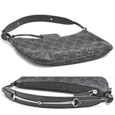 Pre-owned Gucci Black Gray Denim Leather Shoulder Bag () In Multi