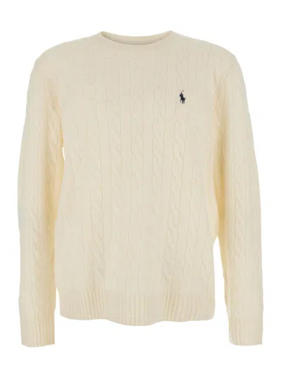 Polo Ralph Lauren White Cable Knit Crewneck Sweater With Pony Embroidery On The Front In Wool And Cashmere Man In White