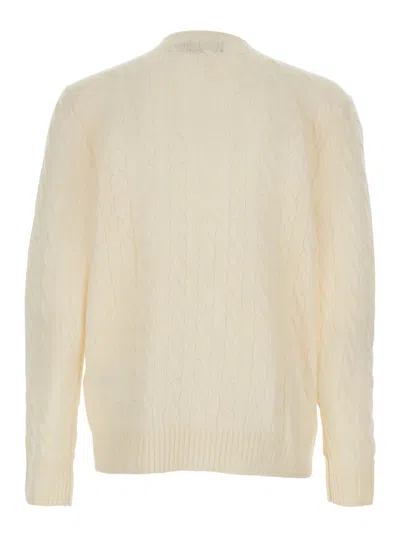 Polo Ralph Lauren White Cable Knit Crewneck Sweater With Pony Embroidery On The Front In Wool And Cashmere Man In White