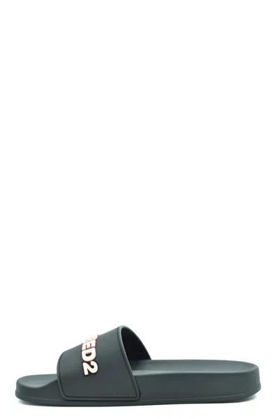 Dsquared2 Contemporary Black Slides With Contrasting Raised Lettering In Green