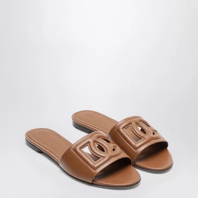Dolce & Gabbana Brown Leather Slides With Dg Logo In Brown