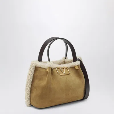 Valentino Vlogo Small Beige Suede Bag In Sand