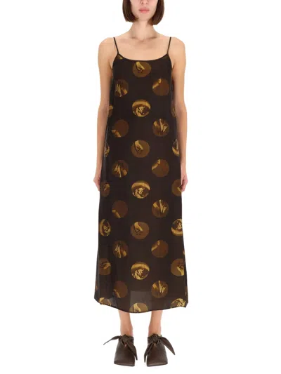 Uma Wang Abstract Print Slip Dress With Spaghetti Straps In Brown
