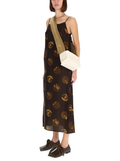 Uma Wang Abstract Print Slip Dress With Spaghetti Straps In Brown