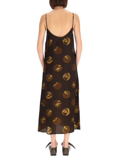 Uma Wang Abstract Print Slip Dress With Spaghetti Straps In Brown