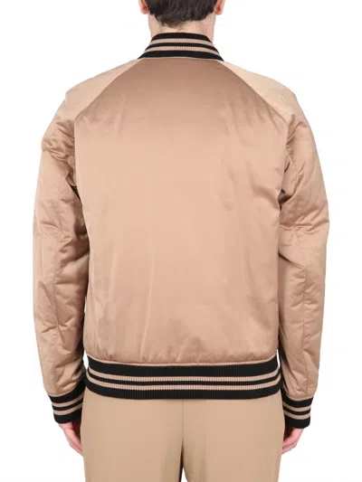 Hugo Boss Logo Bomber Jacket With Ribbed Collar And Cuffs In Brown