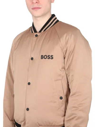 Hugo Boss Logo Bomber Jacket With Ribbed Collar And Cuffs In Brown