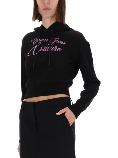 Versace Jeans Couture Cropped Sweatshirt With Logo In Black