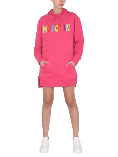 Moschino Couture Dress With Multicolor Flocked Logo In Pink