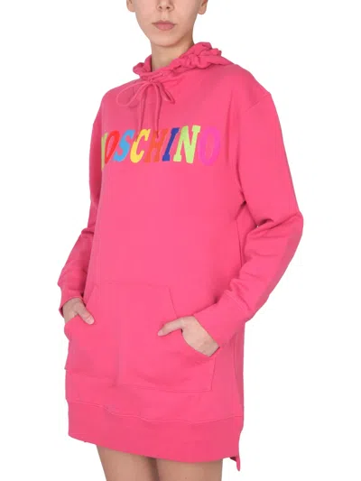 Moschino Couture Dress With Multicolor Flocked Logo In Pink