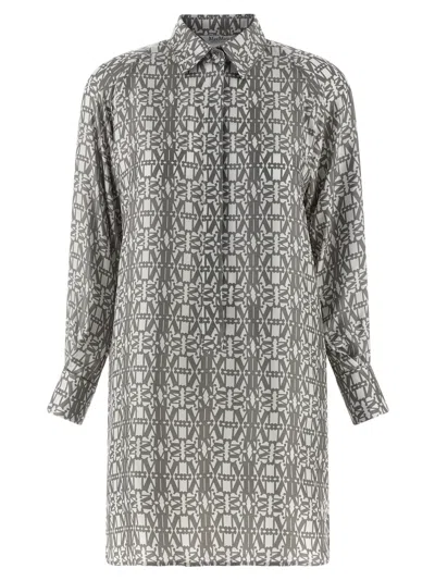 Max Mara Geometric Long Sleeve Dress With Side Slits In Gray