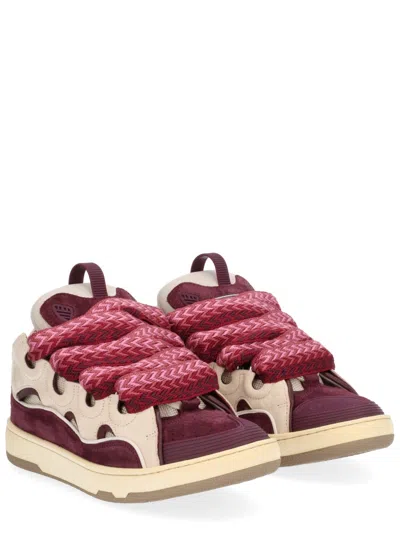 Lanvin Curb Leather And Fabric Sneakers In Beige And Burgundy In Animal Print