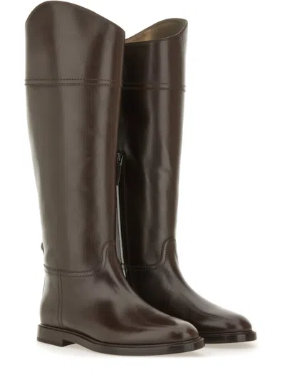 Brunello Cucinelli Brown Leather Boots With Shiny Detail In Multi