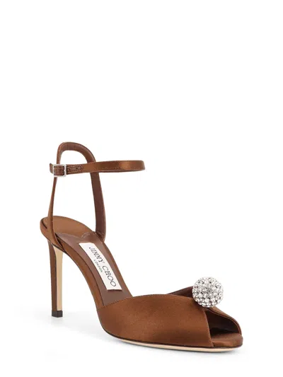 Jimmy Choo Sacora Satin Sandals With Crystal Detail In Brown