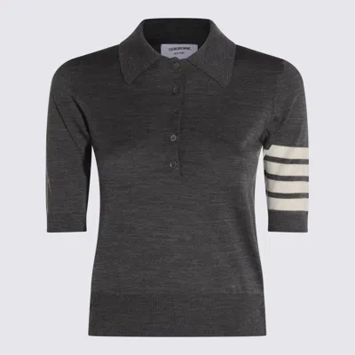 Thom Browne Collared Striped Sleeve Polo Top In Gray