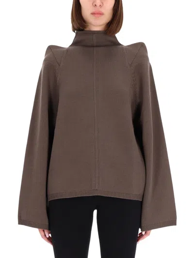 Rick Owens High Neck Long Sleeve Top With Shoulder Detail In Brown