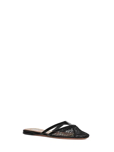 Alaïa Fishnet And Leather Flip Flops Flat Mules Shoes In Black