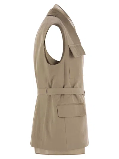 Brunello Cucinelli Women Cotton And Linen Cover Gilet With Detachable Organza Insert And Necklace In White
