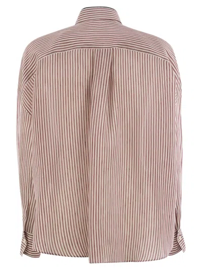 Brunello Cucinelli Women Linen And Silk Striped Organza Shirt With Shiny Collar Detail In Pink