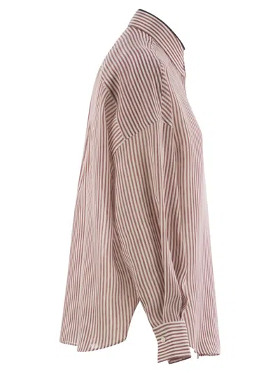 Brunello Cucinelli Women Linen And Silk Striped Organza Shirt With Shiny Collar Detail In Pink