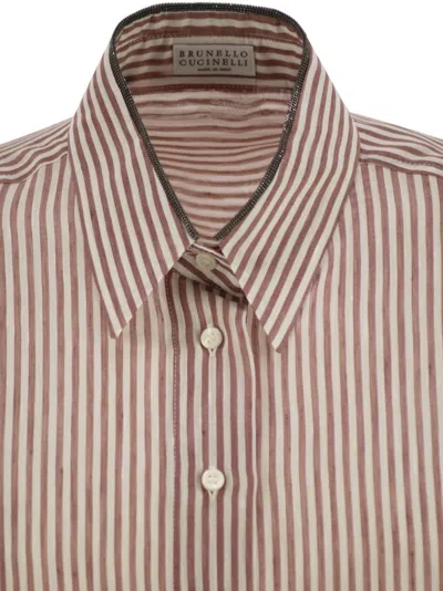 Brunello Cucinelli Women Linen And Silk Striped Organza Shirt With Shiny Collar Detail In Pink