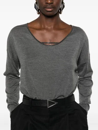 Brunello Cucinelli Women's V-neck Jumper Sweater In Gray