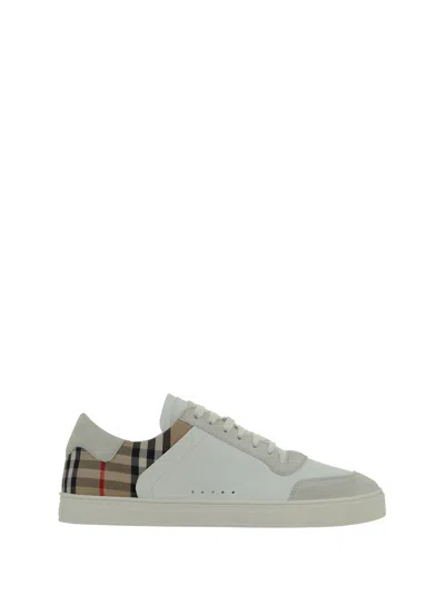 Burberry Check Print Lace-up Leather Sneakers In White