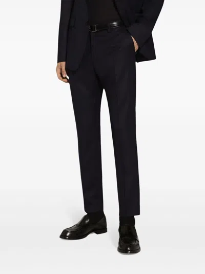 Dolce & Gabbana Navy Blue Wool Straight-leg Trousers In Black