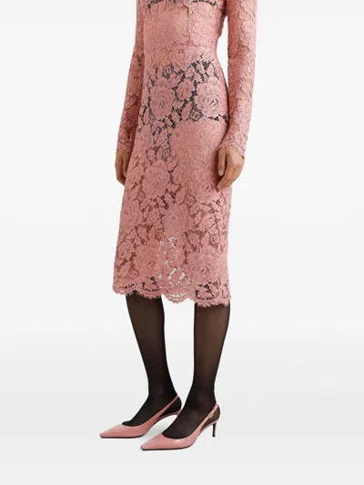 Dolce & Gabbana Women Branded Floral Cardonetto Lace Sheath Dress In Pink