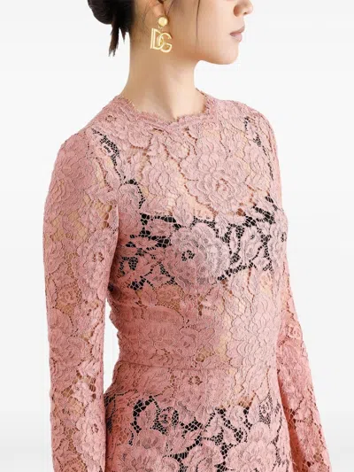 Dolce & Gabbana Women Branded Floral Cardonetto Lace Sheath Dress In Pink