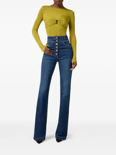 Elisabetta Franchi High-waisted Flared Leg Trousers With Button Detailing In Blue