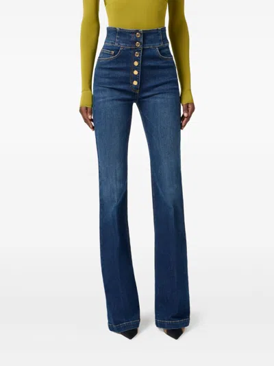 Elisabetta Franchi High-waisted Flared Leg Trousers With Button Detailing In Blue