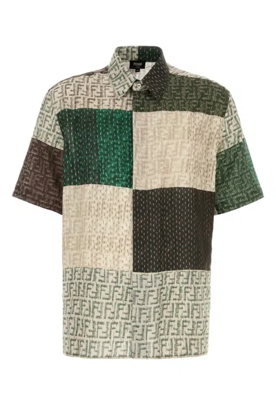 Fendi Men Linen Shirt With All-over Ff Print In Multi