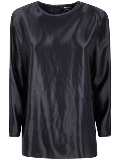Giorgio Armani Shiny Effect Silk Sweatshirt With Crew Neck And Back Zipper Closure In Black
