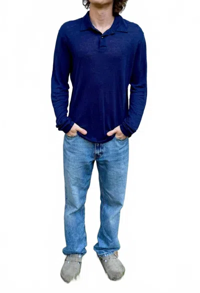 Hartford Linen Long Sleeve Polo In Navy Blue In Blue