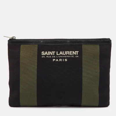 Pre-owned Saint Laurent Black/khaki Stripe Canvas And Leather Zip Pouch