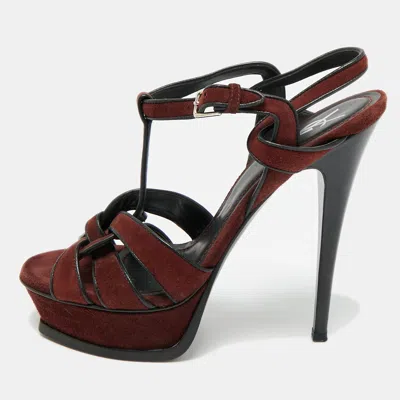 Pre-owned Saint Laurent Tribute Size 38 Burgundy Leather And Suede Platform Sandals